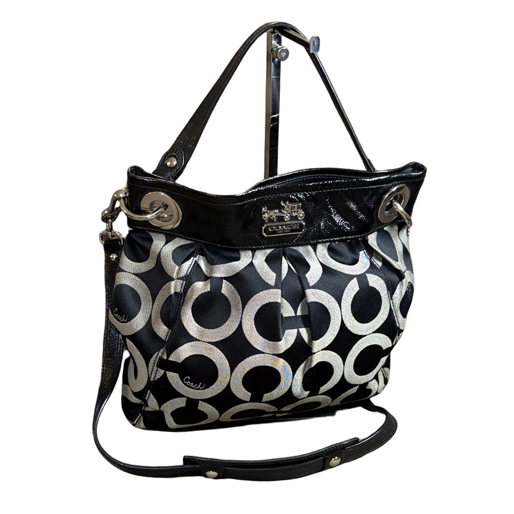 Coach  Black Signature Canvas Patent Leather Shoulder Bag